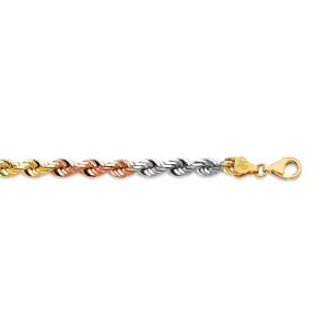 10k 7mm Tricolor Gold Solid Diamond Cut Rope 9"