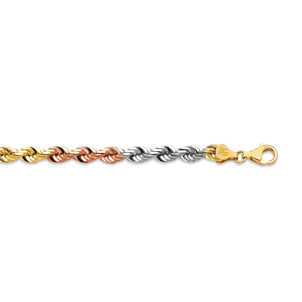14k 7mm Tricolor Gold Solid Diamond Cut Rope 9"