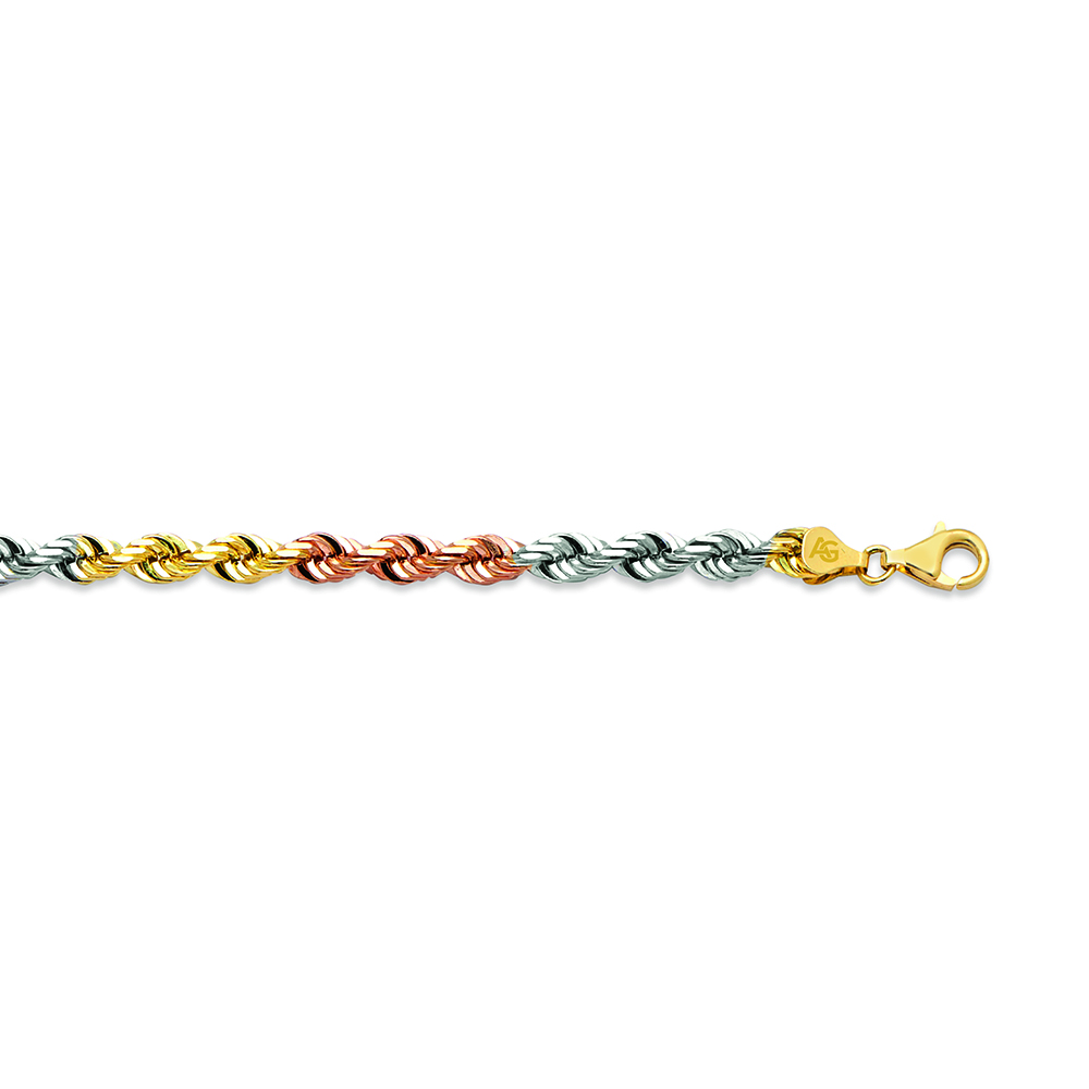 14k 6mm Tricolor Gold Solid Diamond Cut Rope 7"