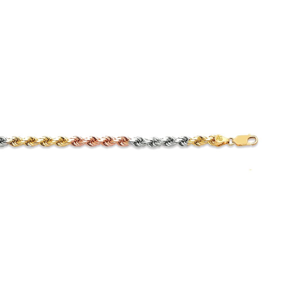 10k 5mm Tricolor Gold Solid Diamond Cut Rope 8.5"