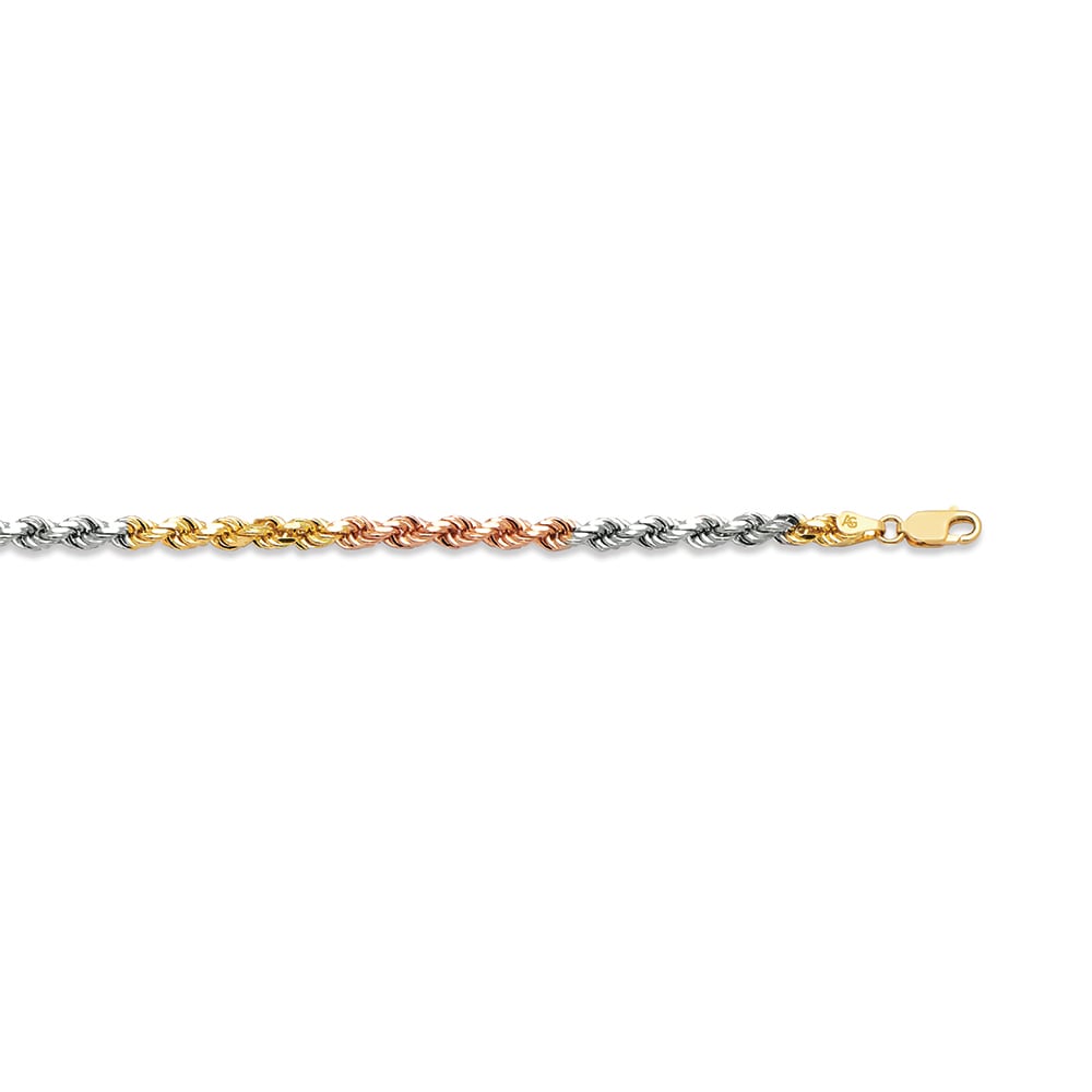 10k 4mm Tricolor Gold Solid Diamond Cut Rope 8.5"