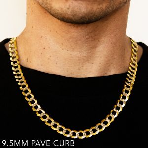 14k 9.5mm Yellow Gold Solid Pave Curb 16"