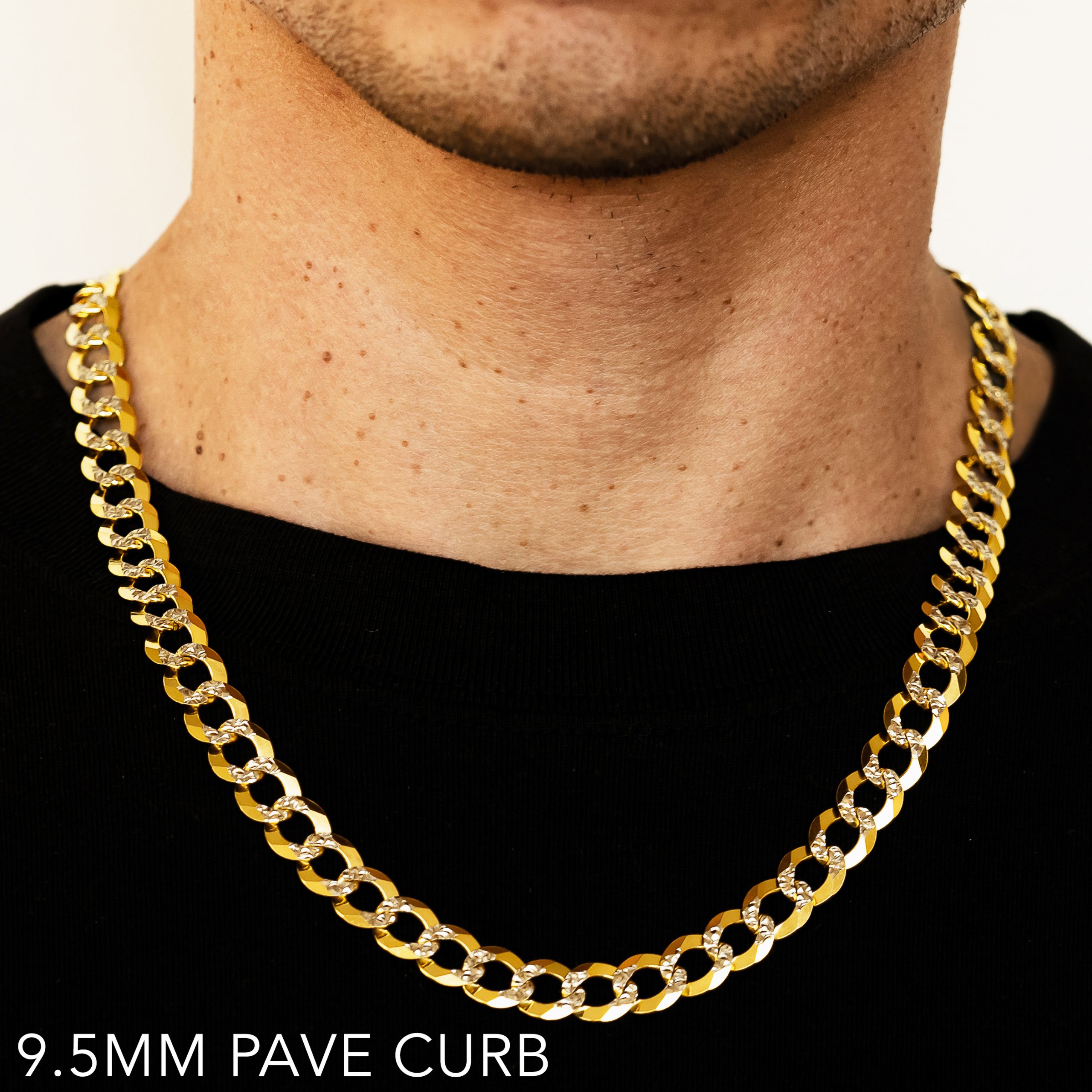 14k 9.5mm Yellow Gold Solid Pave Curb 16"