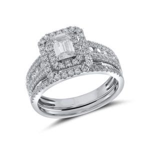 14K WHITE GOLD DIAMOND 1.18 CT AND 0.35 CENTER BRIDAL SET EMERALD/ROUND SHAPE WEDDING RING