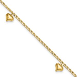 14K Polished 3 Puffed Heart 9in Plus 1in ext Anklet