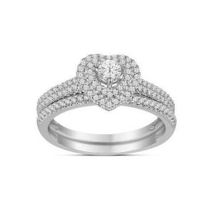 14K WHITE GOLD DIAMOND 0.50 CT AND 0.15 CT CENTER HEART SHAPE BRIDAL SET
