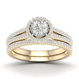 14K YELLOW GOLD DIAMOND 0.75 CT AND 0.25 CENTER BRIDAL SET ROUND SHAPE WEDDING RING