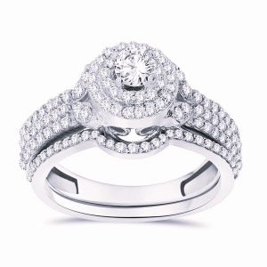 10K WHITE GOLD DIAMOND 1.02 CT AND 0.25 CT CENTER ROUND SHAPE BRIDAL SET