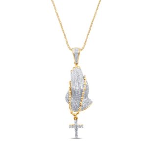 10k 0.32-0.37ct D-pendant Men Rds "praying Hand With A Cross"