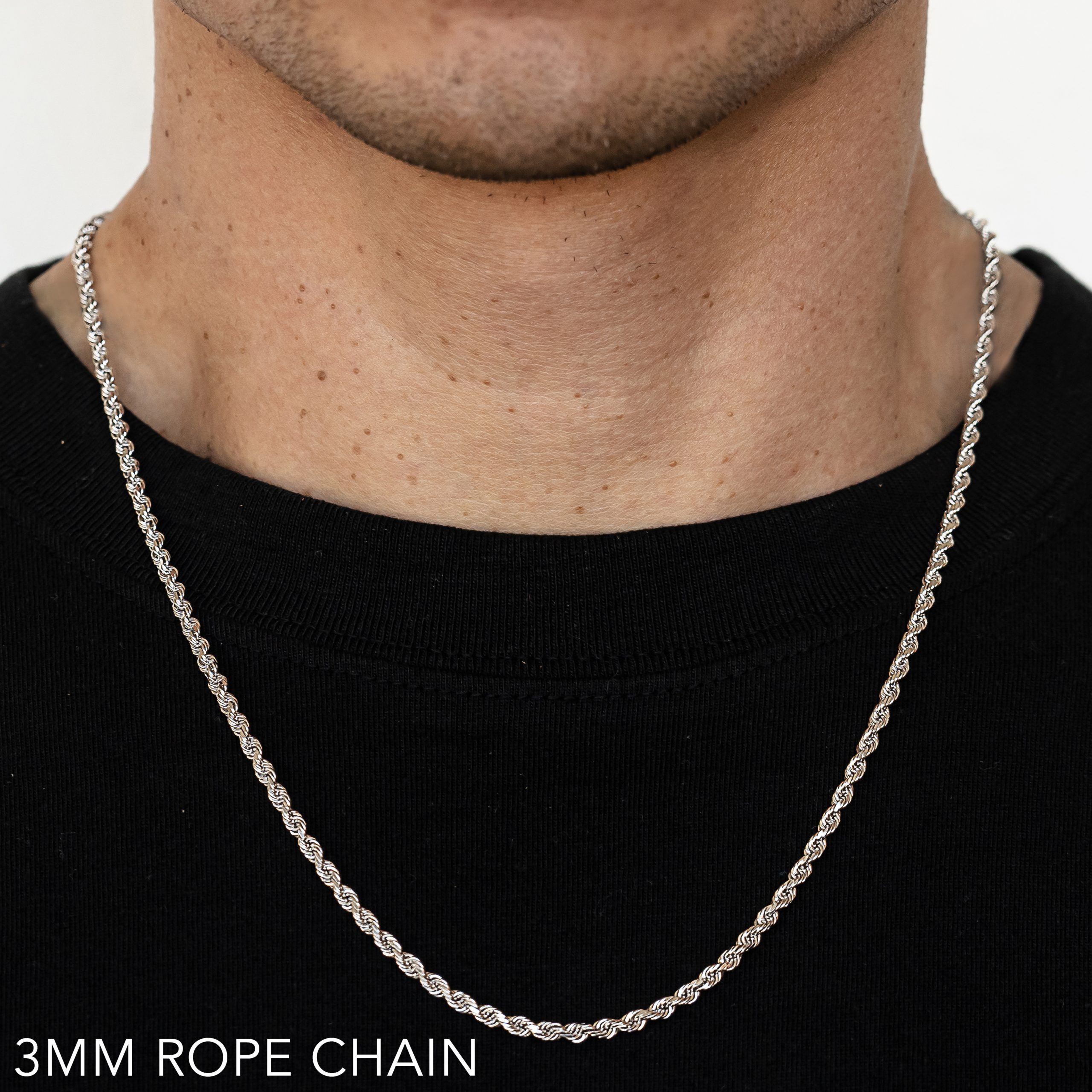 14k 3mm White Gold Solid Diamond Cut Rope 9"